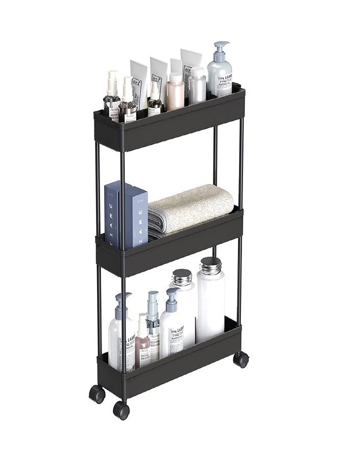 PrettyKrafts 3 Tier Multipurpose Plastic Storage Organizer Slim Rack Shelf with Wheels | Slim Slide Out Kitchen Trolley Rack Holder Storage Organizer for Kitchen, Bathroom (Black) - Image 1